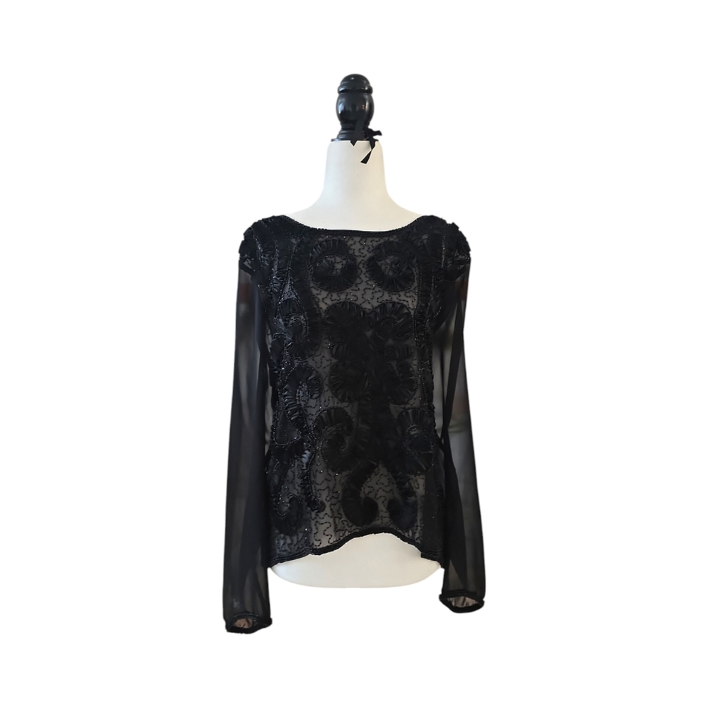 Vintage Valenti Franco Vintage Sheer Mesh Beaded Off The Shoulder Longsleeve Top